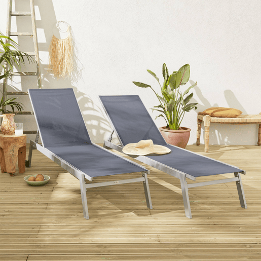Espreguiçadeira de alumínio multiposições com rodízios, set de 2, Elsa, Cinza, 191x55x94 cm Espreguiçadeira de alumínio multiposições com rodízios, set de 2, Elsa, Cinza, 191x55x94 cm