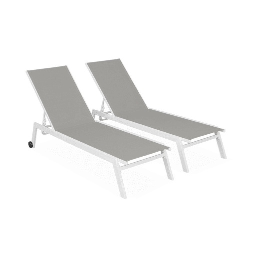 Espreguiçadeira de alumínio multiposições com rodízios, set de 2, Elsa, Branco, 191x55x94 cm