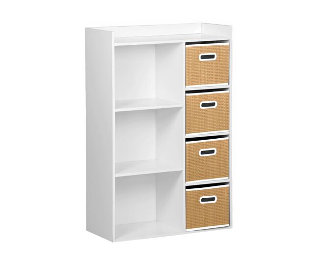 Mueble infantil con 4 cestas de fibra vegetal, camille, natural, 129.5x62x96 cm