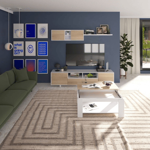 Conjunto de sala de estar com mesa de centro Kenzo Plus V1 Blanco Artik (Blanco Mate) - Roble Canadian 200 x 46 x 41 cm