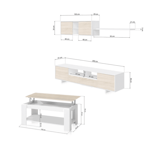 Conjunto de sala de estar com mesa de centro Kenzo Plus V1 Blanco Artik (Blanco Mate) - Roble Canadian 200 x 46 x 41 cm