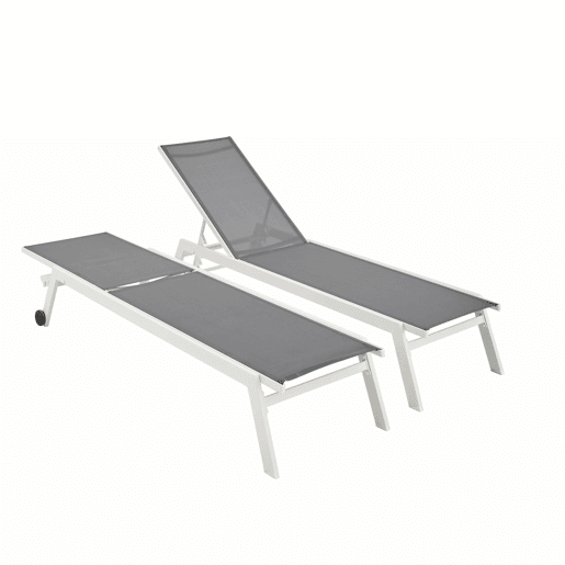 Espreguiçadeira de alumínio multiposições com rodízios, set de 2, Elsa, Branco, 191x55x94 cm