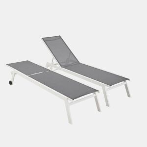 Espreguiçadeira de alumínio multiposições com rodízios, set de 2, Elsa, Branco, 191x55x94 cm