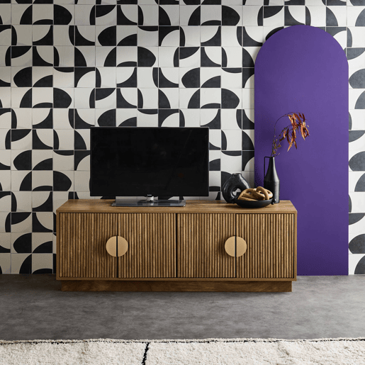 Móvel de TV de 4 portas com efeito de madeira de manga , 140cm, Celian, Manguier, 140x40x48 cm