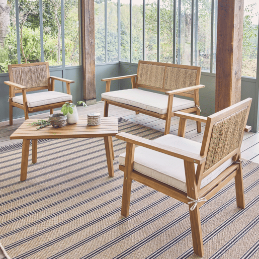 Conjunto de jardim com sofá em madeira e vime 4 lugares, Bohemia, Natural, 117x64x74 cm
