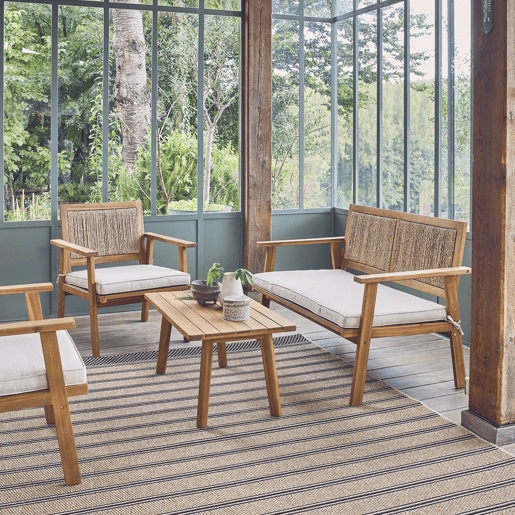 Conjunto de jardim com sofá em madeira e vime 4 lugares, Bohemia, Natural, 117x64x74 cm