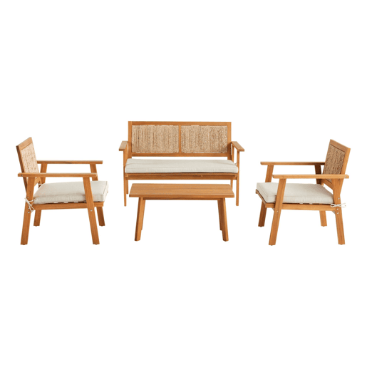 Conjunto de jardim com sofá em madeira e vime 4 lugares, Bohemia, Natural, 117x64x74 cm
