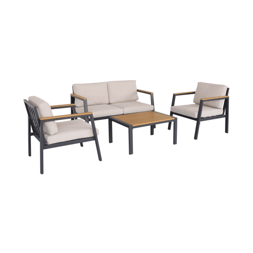 Conjunto de jardim com sofá e poltronas em alumínio e madeira, 4 lugares, Casoria, Antracite, 128x75x74.5 cm