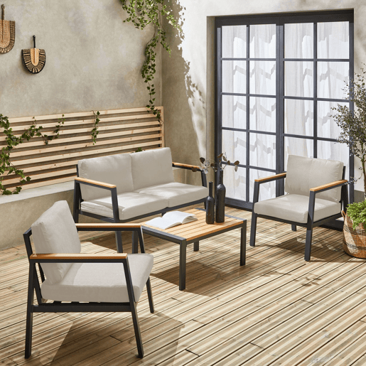 Conjunto de jardim com sofá e poltronas em alumínio e madeira, 4 lugares, Casoria, Antracite, 128x75x74.5 cm