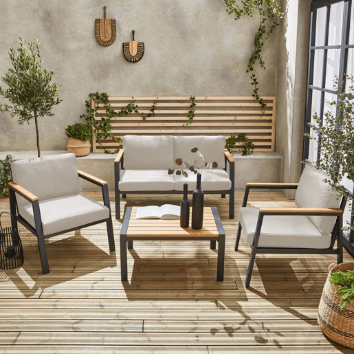 Conjunto de jardim com sofá e poltronas em alumínio e madeira, 4 lugares, Casoria, Antracite, 128x75x74.5 cm