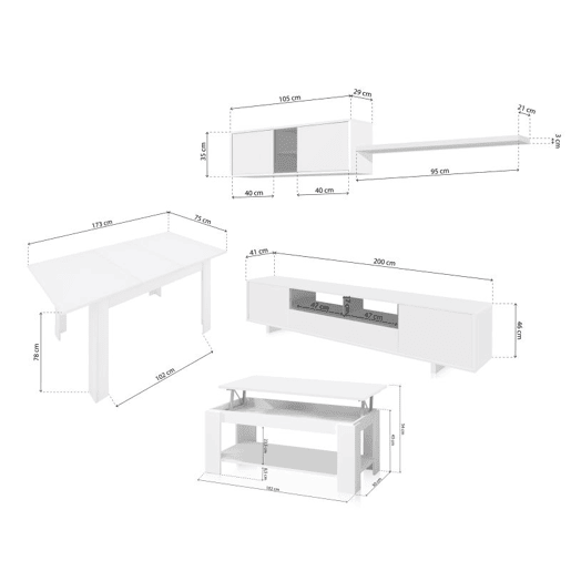 Conjunto de sala de estar com mesa de centro e mesa de jantar Kenzo Max V1A Blanco Brillo - Gris Antracita 200 x 46 x 41 cm