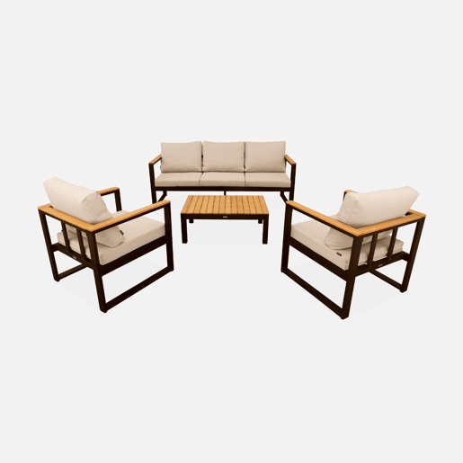 Conjunto de mobiliário de jardim em madeira e alumínio, 5 lugares, Nazca, Preto, 192x70x66 cm