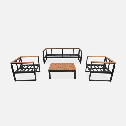 Conjunto de mobiliário de jardim em madeira e alumínio, 5 lugares, Nazca, Preto, 192x70x66 cm