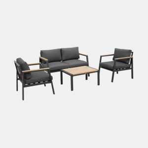 Conjunto de jardim com sofá e poltronas em alumínio e madeira, 4 lugares, Casoria, Antracite, 128x75x74.5 cm