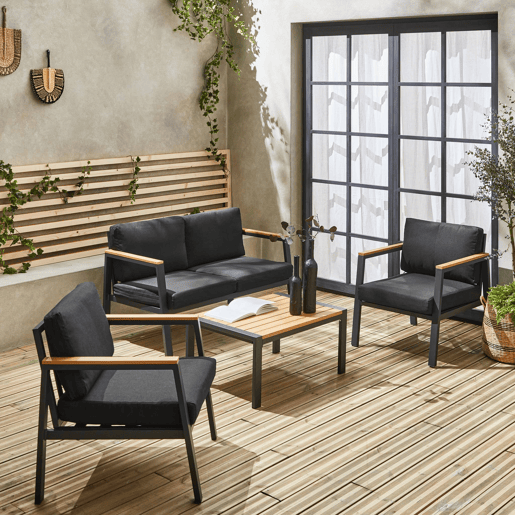 Conjunto de jardim com sofá e poltronas em alumínio e madeira, 4 lugares, Casoria, Antracite, 128x75x74.5 cm