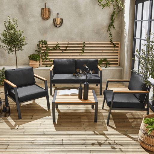 Conjunto de jardim com sofá e poltronas em alumínio e madeira, 4 lugares, Casoria, Antracite, 128x75x74.5 cm