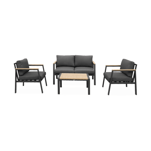 Conjunto de jardim com sofá e poltronas em alumínio e madeira, 4 lugares, Casoria, Antracite, 128x75x74.5 cm