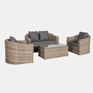 Conjunto de mobiliário de jardim redondo em resina tecida, 4 lugares, Valentino, Beige, 144x80.5x75 cm