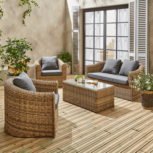 Conjunto de mobiliário de jardim redondo em resina tecida, 4 lugares, Valentino, Beige, 144x80.5x75 cm