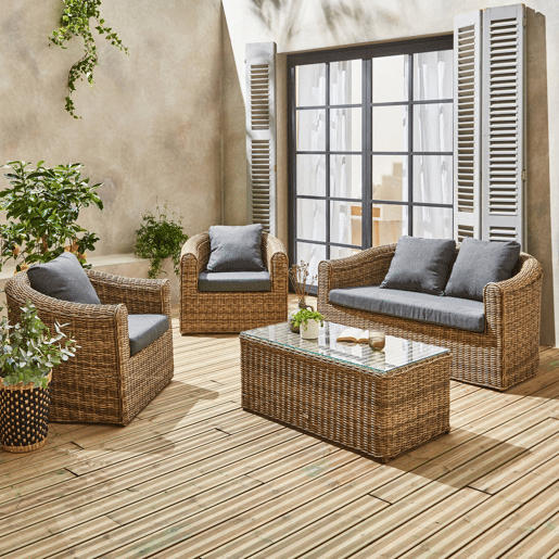 Conjunto de mobiliário de jardim redondo em resina tecida, 4 lugares, Valentino, Beige, 144x80.5x75 cm