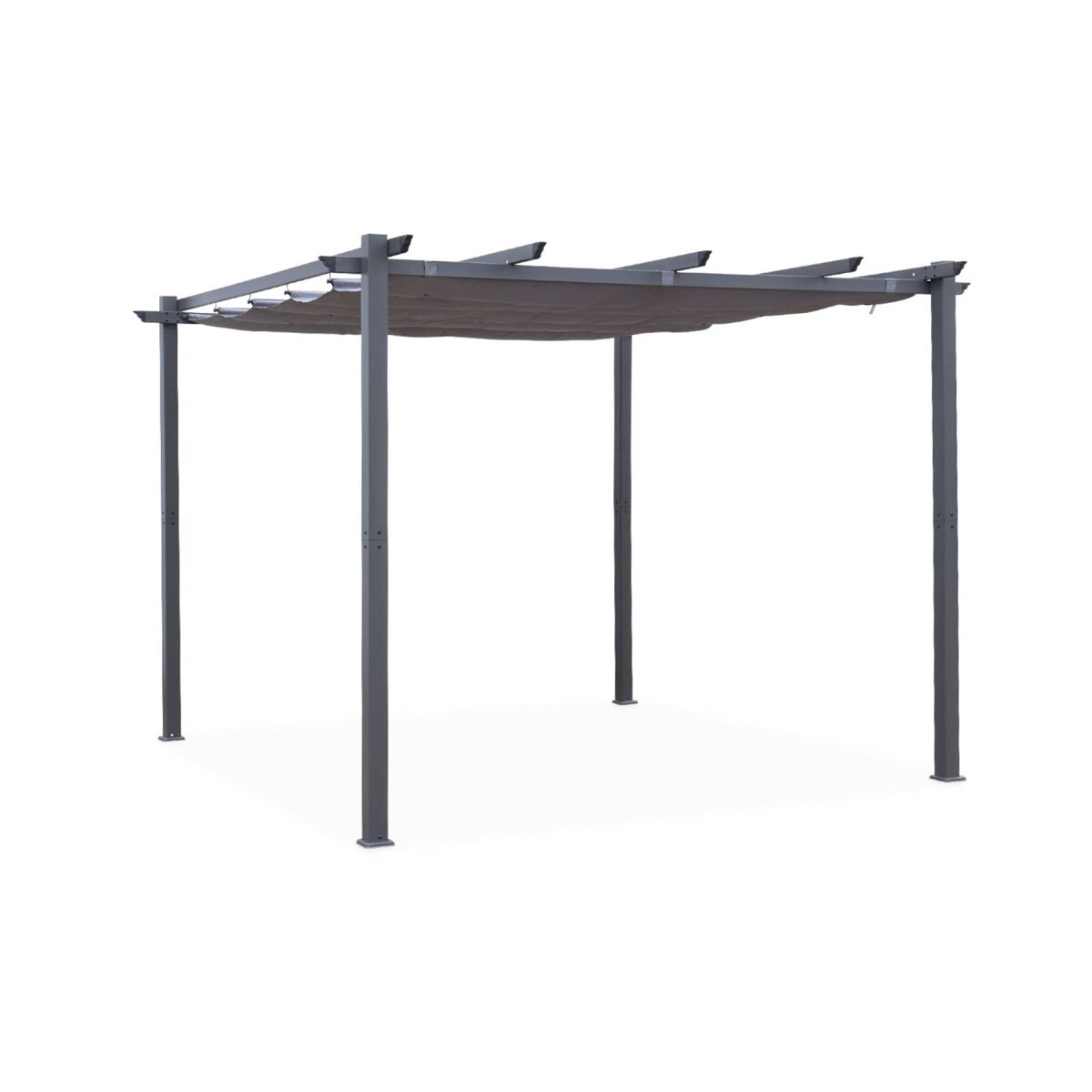 Pergola, aluminio, 3x3m, tela deslizante gris - 305x298x222 cm