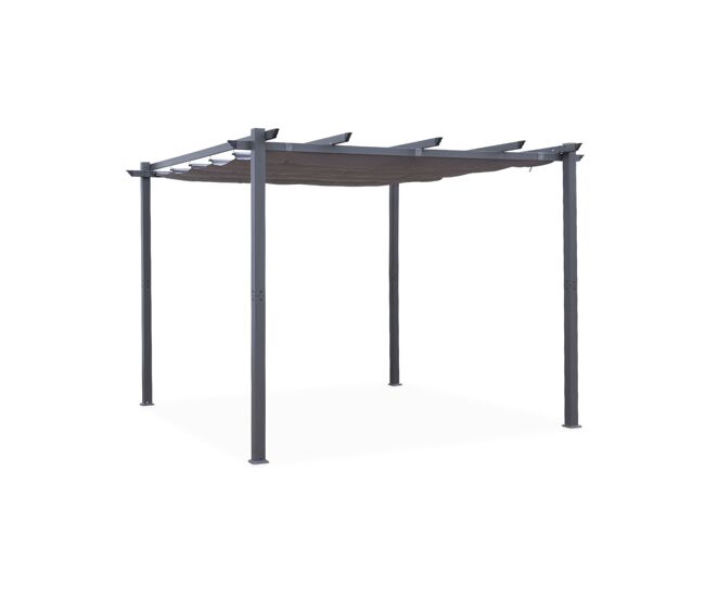 Pergola, aluminio, 3x3m, tela deslizante gris - 305x298x222 cm