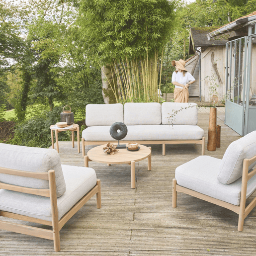 Conjunto de jardim com sofá e poltronas em madeira de acácia, 5 lugares, Copacabana, Beige, 193x73.7x65 cm