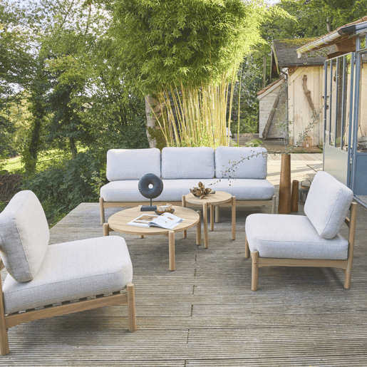 Conjunto de jardim com sofá e poltronas em madeira de acácia, 5 lugares, Copacabana, Beige, 193x73.7x65 cm