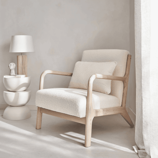 Cadeira de braços escandinava em madeira e tecido boucle, Lorens boucle, Beige, 65x80x79 cm