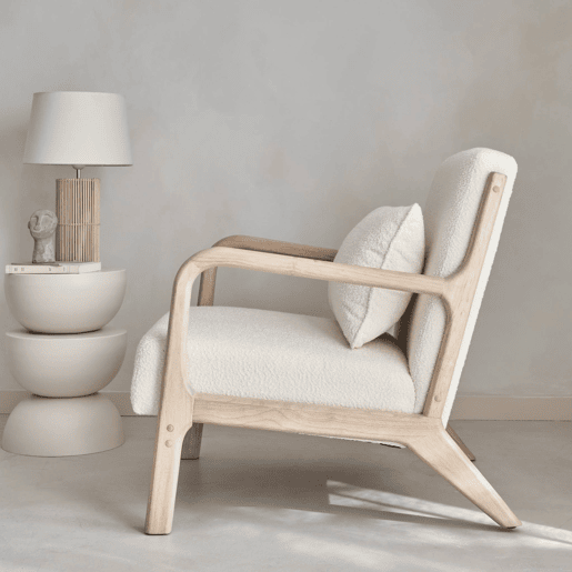Cadeira de braços escandinava em madeira e tecido boucle, Lorens boucle, Beige, 65x80x79 cm