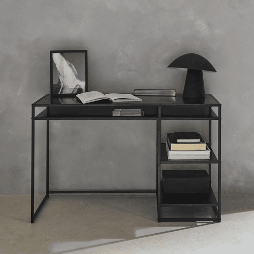 Secretária de metal preto com 2 prateleiras, 120cm, Industrielle, Preto, 120x50x75 cm