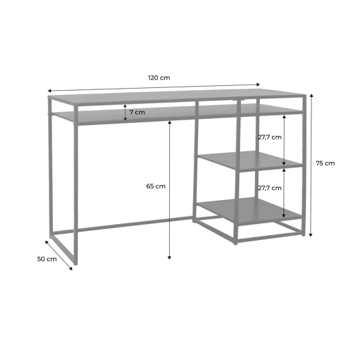 Secretária de metal preto com 2 prateleiras, 120cm, Industrielle, Preto, 120x50x75 cm