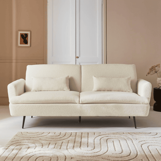 Sofá-cama de 2-3 lugares em tecido boucle, John boucle, Creme, 208x111x62 cm