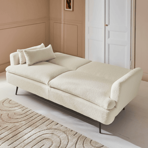 Sofá-cama de 2-3 lugares em tecido boucle, John boucle, Creme, 208x111x62 cm