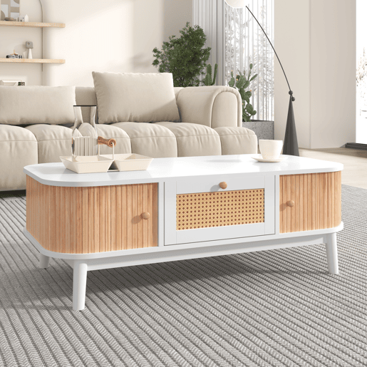 Mesa de centro para sala de estar - decorada com rotim e madeira maciça - estilo rústico - Branco