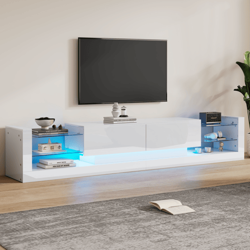 Móvel TV com LED - 2 compartimentos rebatíveis e prateleiras de vidro - Branco Móvel TV com LED - 2 compartimentos rebatíveis e prateleiras de vidro - Branco