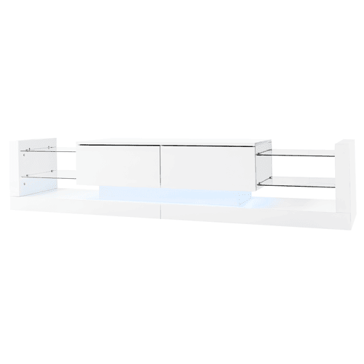 Móvel TV com LED - 2 compartimentos rebatíveis e prateleiras de vidro - Branco Móvel TV com LED - 2 compartimentos rebatíveis e prateleiras de vidro - Branco