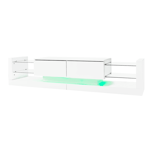 Móvel TV com LED - 2 compartimentos rebatíveis e prateleiras de vidro - Branco Móvel TV com LED - 2 compartimentos rebatíveis e prateleiras de vidro - Branco