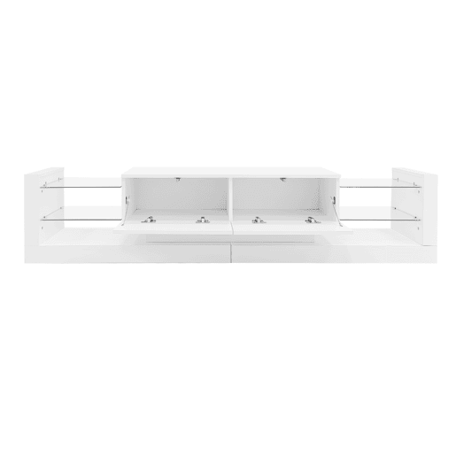 Móvel TV com LED - 2 compartimentos rebatíveis e prateleiras de vidro - Branco Móvel TV com LED - 2 compartimentos rebatíveis e prateleiras de vidro - Branco