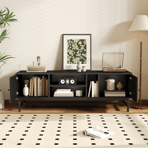 Mesa de TV 150x38x55cm - com prateleiras e 2 portas - Natural + Preto