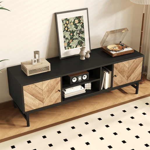 Mesa de TV 150x38x55cm - com prateleiras e 2 portas - Natural + Preto
