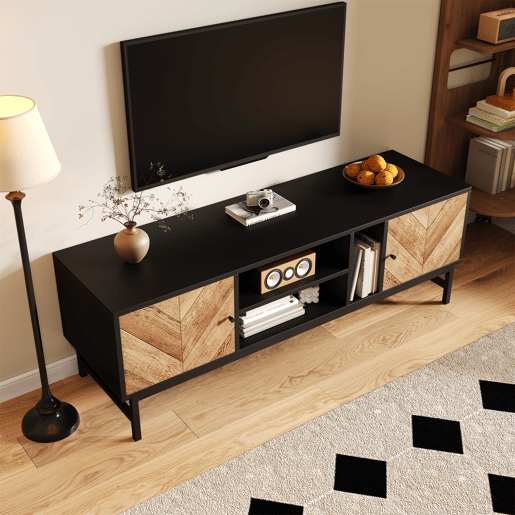 Mesa de TV 150x38x55cm - com prateleiras e 2 portas - Natural + Preto
