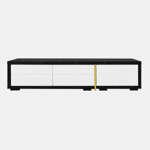 Suporte de TV ajustável em comprimento (140-260 cm) - 3 portas com dobradiças - aspeto de mármore preto - Preto e branco