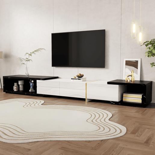 Suporte de TV ajustável em comprimento (140-260 cm) - 3 portas com dobradiças - aspeto de mármore preto - Preto e branco