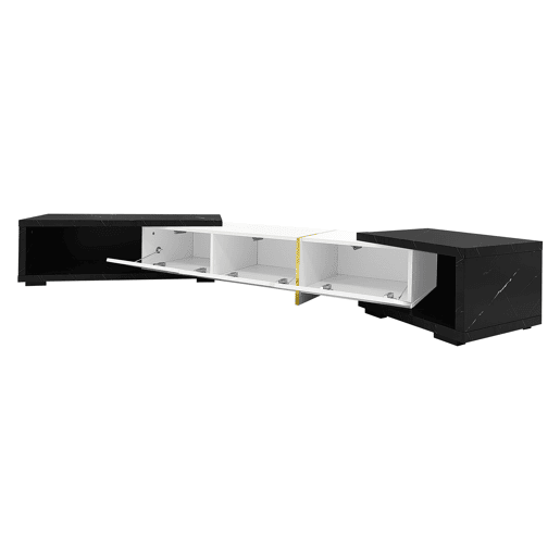 Suporte de TV ajustável em comprimento (140-260 cm) - 3 portas com dobradiças - aspeto de mármore preto - Preto e branco
