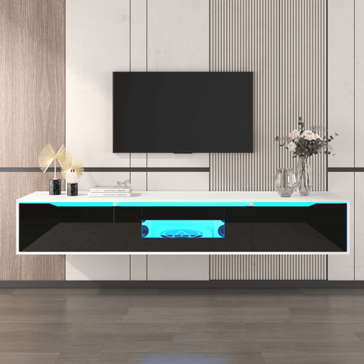 Suporte para TV de 180 cm com luz LED que muda de cor - 3 compartimentos grandes - Preto