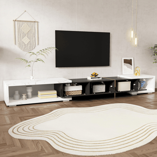 Suporte de TV ajustável em comprimento (140-260 cm) - 3 portas com dobradiças - aspeto de mármore branco - Preto e branco
