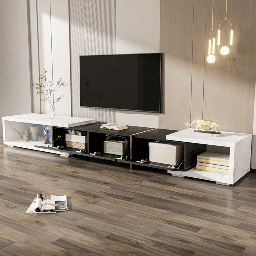 Suporte de TV ajustável em comprimento (140-260 cm) - 3 portas com dobradiças - aspeto de mármore branco - Preto e branco