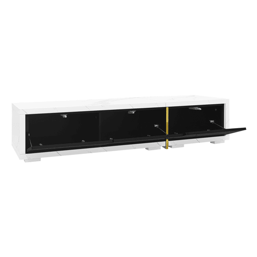 Suporte de TV ajustável em comprimento (140-260 cm) - 3 portas com dobradiças - aspeto de mármore branco - Preto e branco