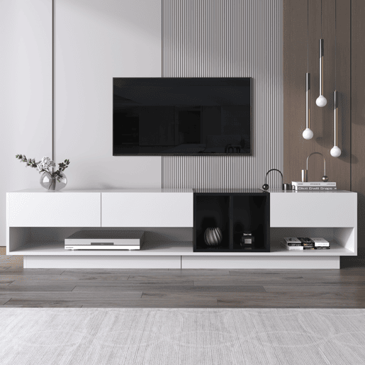 Móvel TV 190 cm - 3 gavetas e 2 compartimentos - branco e preto brilhante